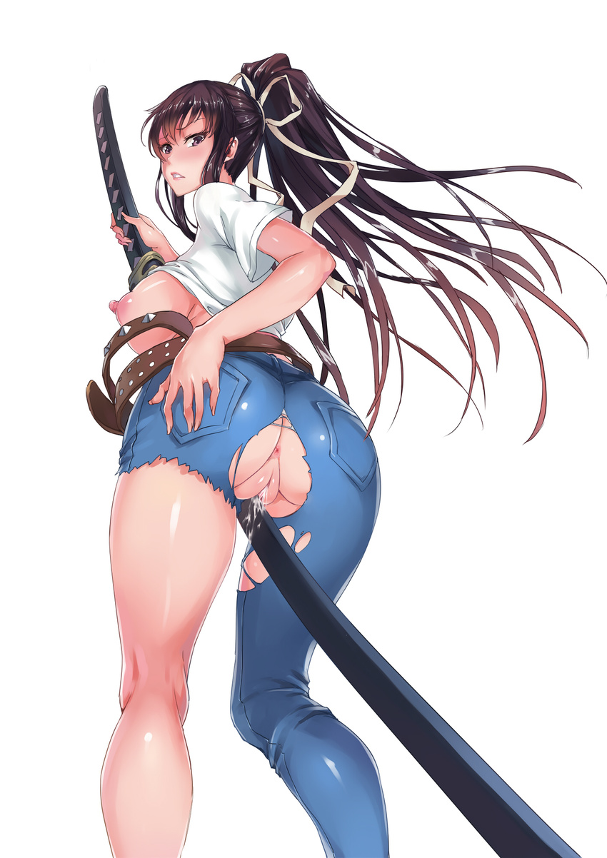 ass asymmetrical_clothes belt between_labia between_legs black_hair blue_pants breasts chinese_commentary commentary_request denim from_behind from_below grinding hair_ribbon highres jeans kanzaki_kaori kneepits large_breasts long_hair looking_at_viewer looking_back loose_belt nipples no_panties ootachi ootachianus pants parted_lips ponytail puffy_nipples purple_eyes pussy pussy_juice ribbon sheath sheathed shinkaui shirt shirt_lift short_sleeves single_pantsleg solo sword t-shirt thighs to_aru_majutsu_no_index torn_clothes torn_pants uncensored very_long_hair weapon white_shirt