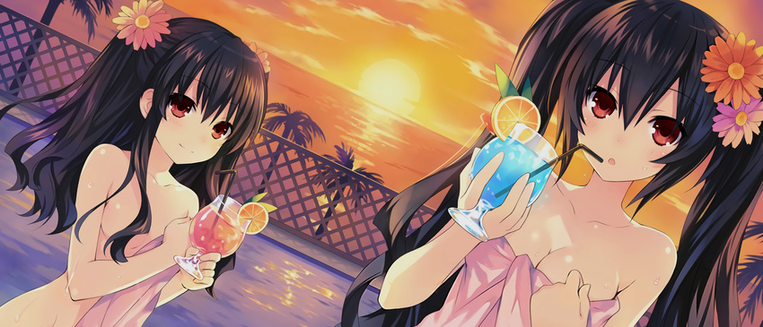 :o absurdres bath black_hair blush breasts collarbone covering cup drink drinking_glass dutch_angle fence flower hair_between_eyes hair_censor hair_flower hair_ornament highres long_hair looking_at_viewer medium_breasts multiple_girls naked_towel neptune_(series) noire nude_cover ocean palm_tree pool red_eyes small_breasts smile sunset towel tree tsunako twintails two_side_up uni_(choujigen_game_neptune) very_long_hair