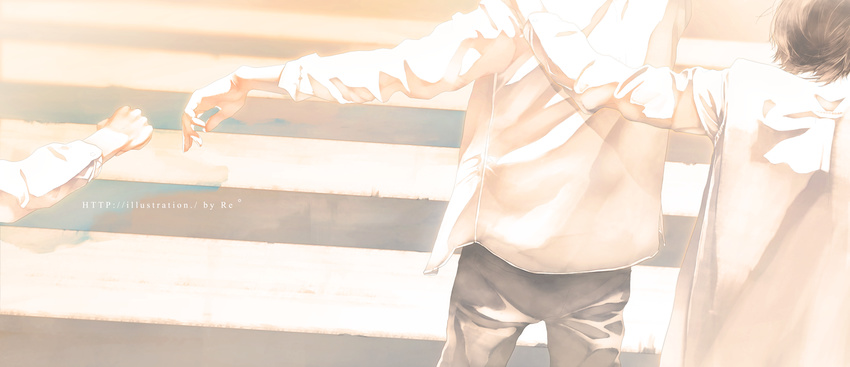 artist_name black_pants commentary_request crosswalk long_sleeves loose_clothes loose_shirt male_focus multiple_boys original outdoors pants perspective rido_(ridograph) road shirt street watermark web_address white_shirt