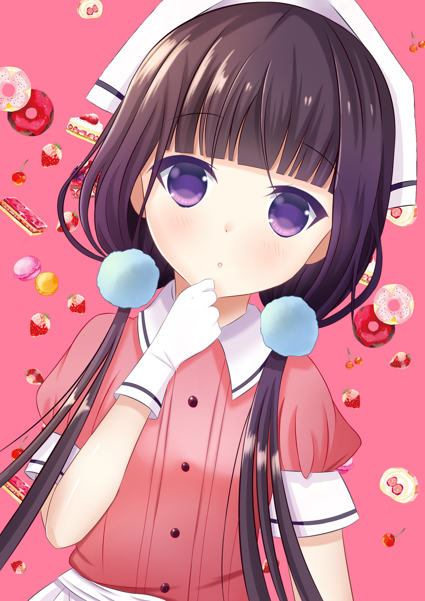 :o absurdres amasajithira bangs black_hair blend_s blunt_bangs blush buttons cake cherry collared_shirt commentary_request dessert doughnut dutch_angle eyebrows_visible_through_hair food fruit gloves hand_on_own_chin hand_up head_scarf highres long_hair looking_at_viewer low_twintails macaron pink_background pink_shirt pom_pom_(clothes) purple_eyes sakuranomiya_maika shiny shiny_hair shirt short_sleeves solo stile_uniform strawberry twintails upper_body waitress white_gloves