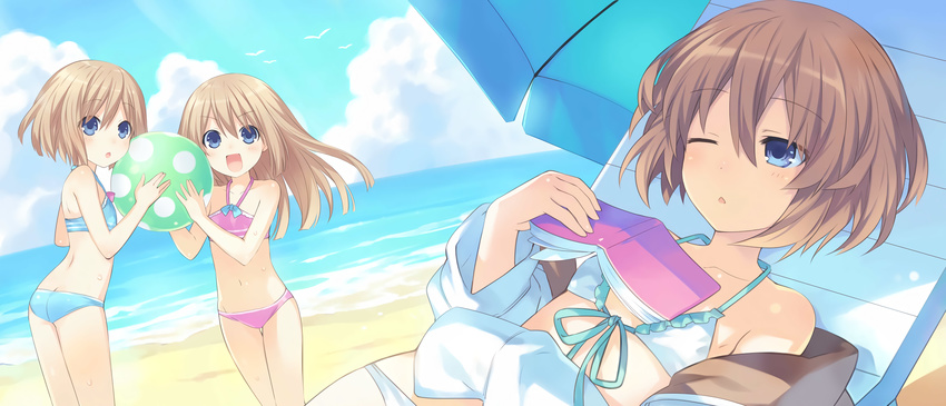 :d absurdres ball beach beach_chair beach_umbrella beachball bikini blanc blue_eyes blush book brown_hair cloud collarbone day flat_chest frilled_bikini frills front-tie_top halterneck highres holding holding_book long_hair multiple_girls navel neptune_(series) ocean off_shoulder one_eye_closed open_book open_mouth outdoors ram_(choujigen_game_neptune) rom_(choujigen_game_neptune) short_hair siblings sisters smile swimsuit thigh_gap tsunako twins umbrella water