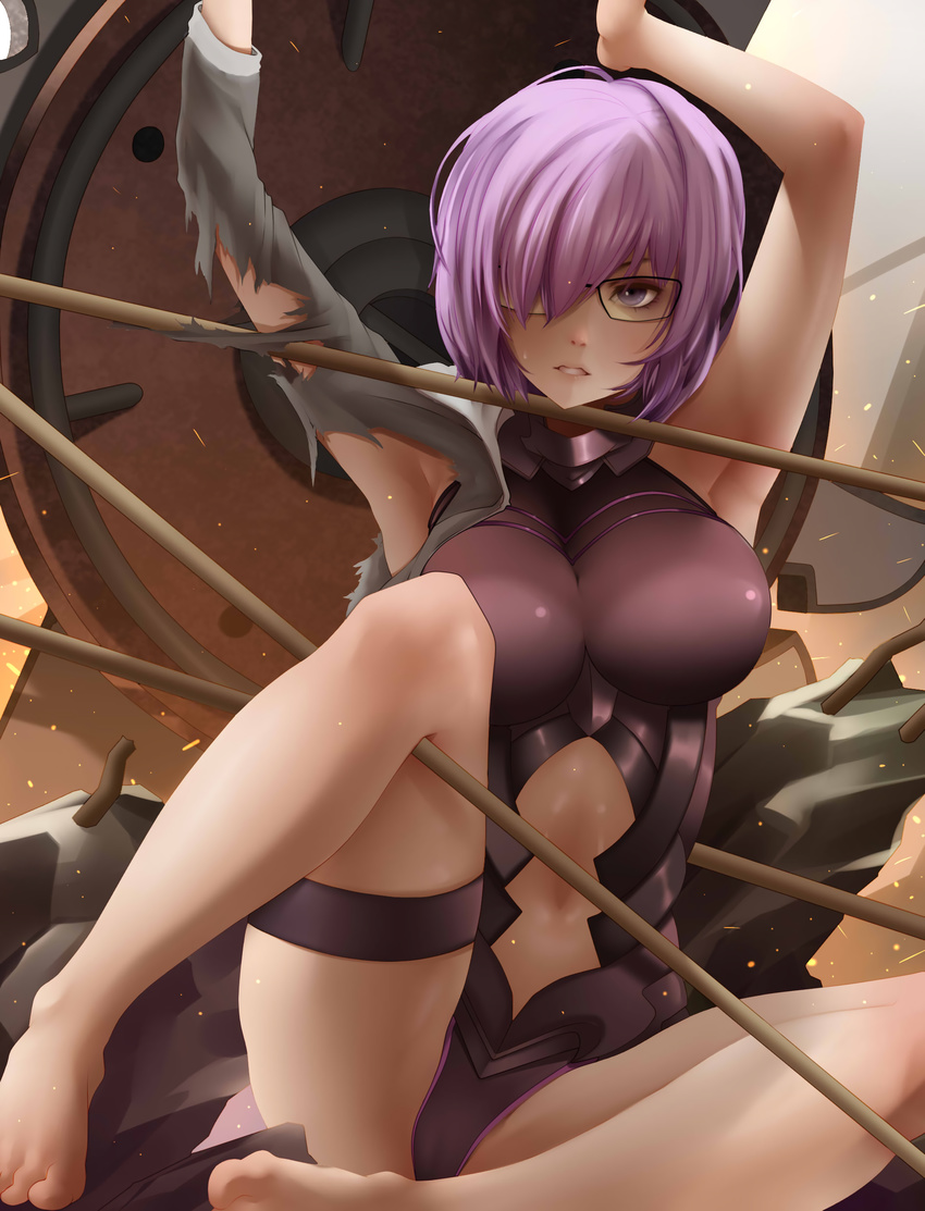 absurdres armor armpits arms_up bangs bare_arms bare_legs bare_shoulders barefoot bearwitch black-framed_eyewear black_leotard black_panties bound breasts cameltoe choker clenched_teeth collar covered_nipples day eyelashes fate/grand_order fate_(series) glasses gloves hair_between_eyes hair_over_one_eye highres hood hood_down hooded_jacket hoodie jacket knee_up lance large_breasts leotard long_sleeves looking_at_viewer mash_kyrielight navel navel_cutout nose open_clothes open_hoodie open_mouth outdoors paid_reward panties patreon_reward polearm purple_eyes purple_hair restrained rock shield shiny shiny_clothes short_hair solo spear standing sweatdrop sword teeth thigh_strap toenails toes torn torn_clothes torn_hoodie underwear weapon