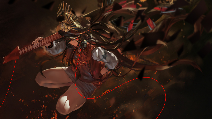 artist_name azomo bare_legs black_hair black_hat blurry cable closed_mouth clothes_writing debris depth_of_field electric_guitar fate/grand_order fate_(series) from_above full_body grey_skirt guitar hair_between_eyes hand_in_pocket hat headphones headphones_around_neck highres instrument long_hair long_sleeves looking_at_viewer looking_up oda_nobunaga_(fate) oda_nobunaga_(swimsuit_berserker)_(fate) open_clothes open_vest over_shoulder peaked_cap red_eyes red_vest skirt solo squatting striped striped_skirt thighs very_long_hair vest