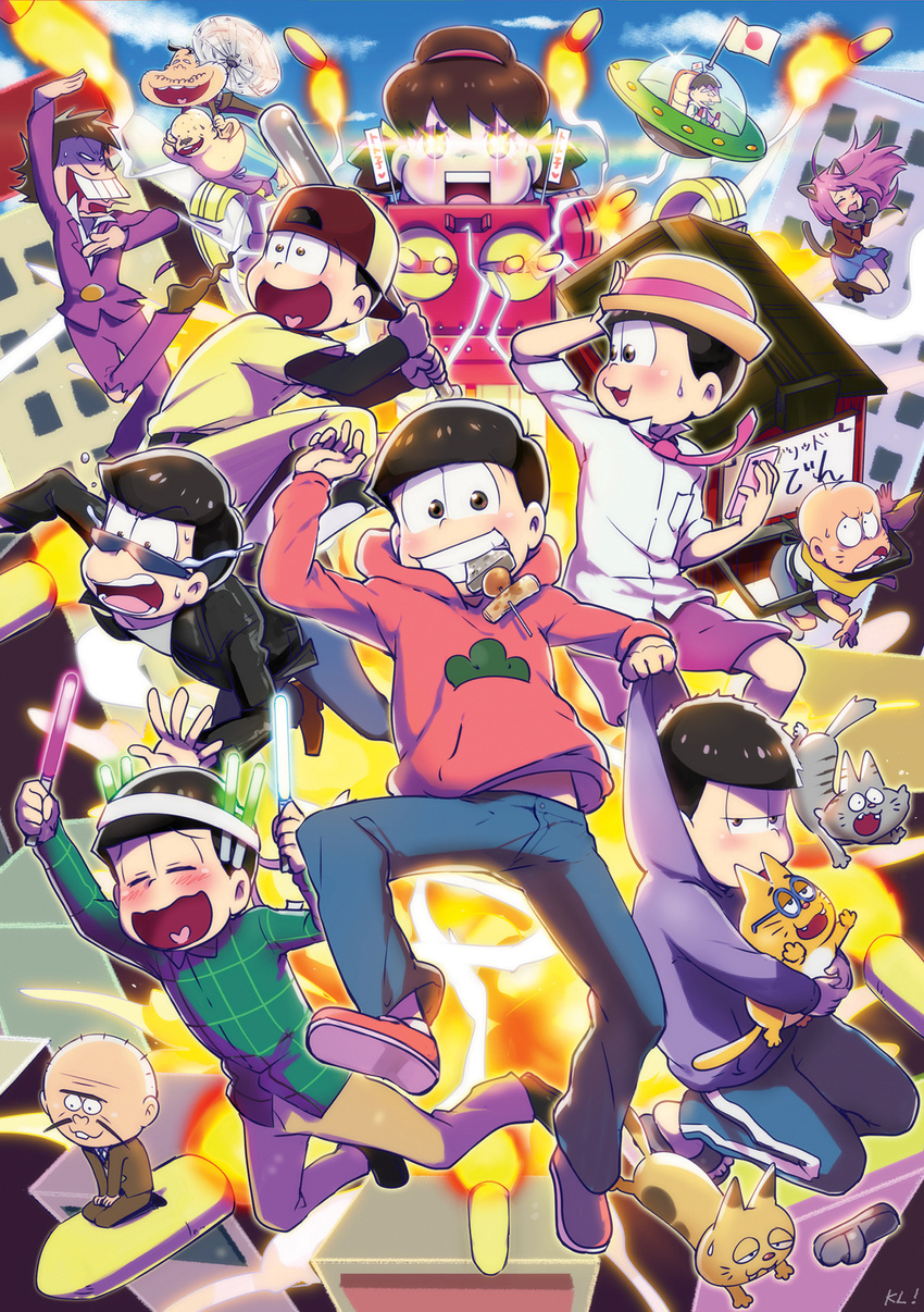 6+boys :d animal_ears bald baseball_bat baseball_cap baseball_uniform black_hair blush brothers brown_eyes brown_hair cat cat_ears cat_tail cellphone chibita closed_eyes dayoon dekapan esper_nyanko explosion facial_hair food food_stand glowstick grin hashimoto_nyaa hat hatabou head_flag heart heart_in_mouth highres hijirisawa_shonosuke hood hoodie iyami kl matsu_symbol matsuno_choromatsu matsuno_ichimatsu matsuno_juushimatsu matsuno_karamatsu matsuno_osomatsu matsuno_todomatsu mouth_hold multiple_boys multiple_girls mustache necktie oden open_mouth osomatsu-kun osomatsu-san phone pink_hair propeller revision robot sextuplets sheeeh! shorts siblings smartphone smile sportswear sunglasses tail tears torpedo ufo yatai yowai_totoko