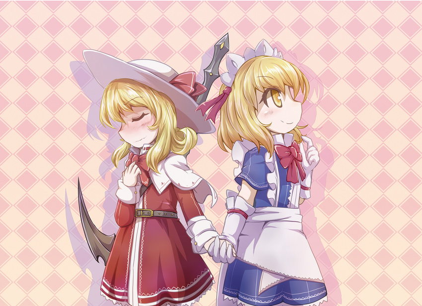 apron back-to-back belt blonde_hair blue_dress blush bow closed_eyes commentary_request dress elbow_gloves elly gloves hat long_sleeves looking_up maid maid_headdress mugetsu multiple_girls red_bow red_dress red_ribbon ribbon scythe short_sleeves smile sore_(whirlwind) touhou touhou_(pc-98) waist_apron wavy_mouth white_gloves white_hat yellow_eyes yuri