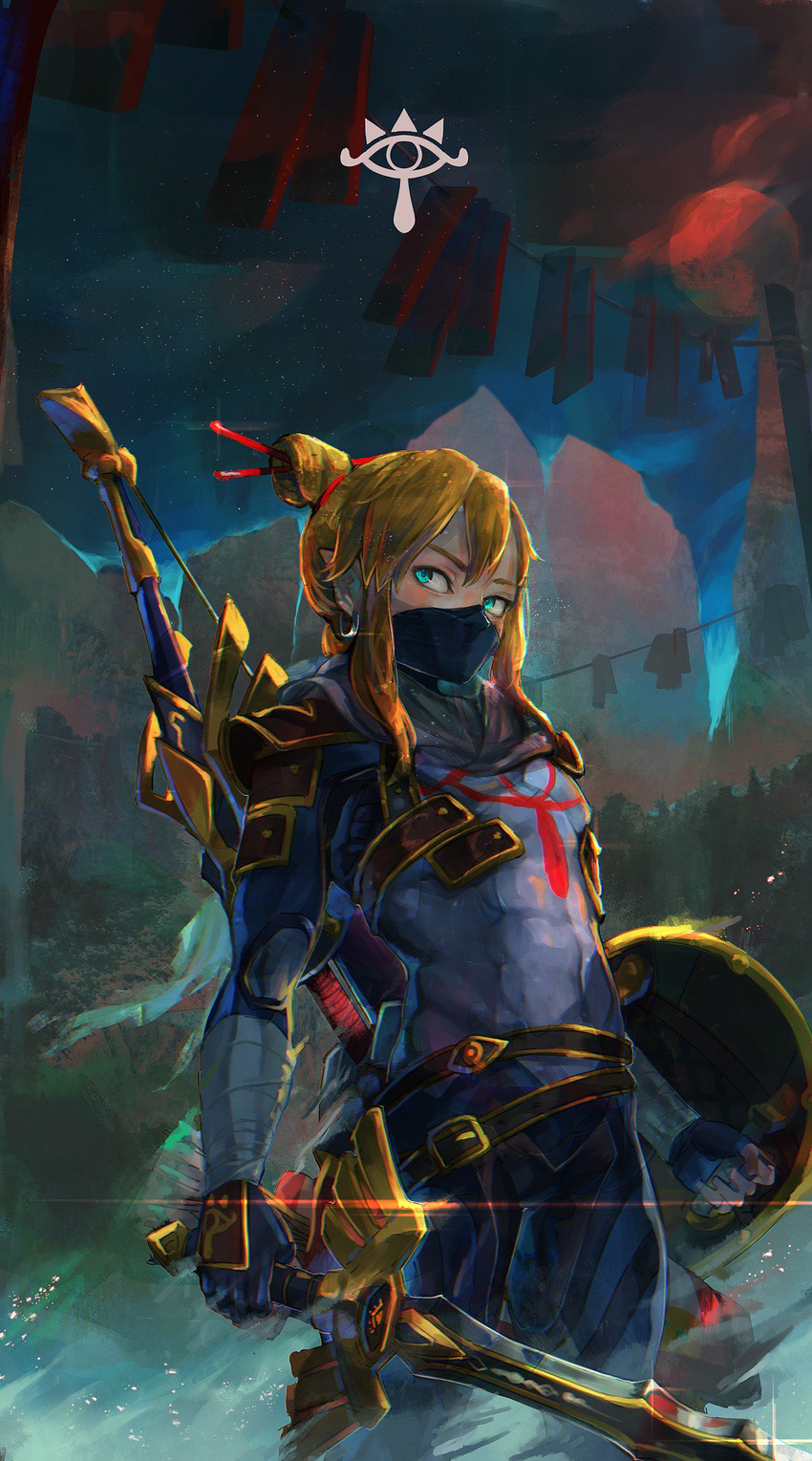 abs adapted_costume bandaged_arm bandages bangs belt belt_buckle black_belt blonde_hair blue_bodysuit blue_gloves bodysuit bow_(weapon) buckle cloud cloudy_sky commentary_request cosplay covered_navel earrings face_mask glint gloves green_eyes grey_scarf hair_between_eyes hair_bun hair_ornament hair_stick highres holding holding_shield holding_sword holding_weapon hoop_earrings jewelry kashu_(hizake) light_particles light_rays link long_hair looking_at_viewer male_focus mask mountain muscle outdoors pointy_ears scarf sheik sheik_(cosplay) shield shoulder_pads sidelocks sideways_glance sky solo standing sword the_legend_of_zelda the_legend_of_zelda:_ocarina_of_time torn_scarf weapon weapon_on_back winged_sword wrist_guards