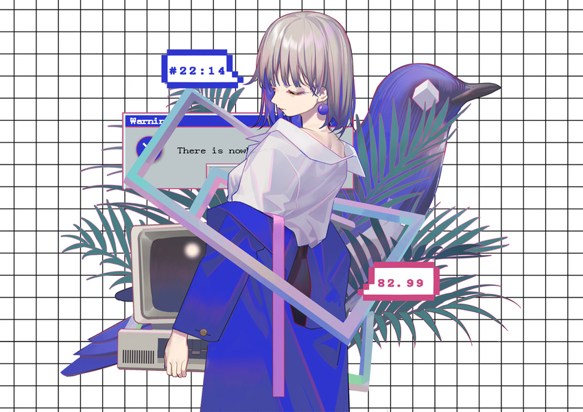 abstract bangs bird blue_jacket bob_cut branch checkered checkered_background clock closed_eyes closed_mouth commentary crt earrings error_message from_side grey_hair jacket jewelry leaf long_sleeves norizc off_shoulder original pearl_earrings shirt short_hair solo standing undressing vaporwave white_shirt