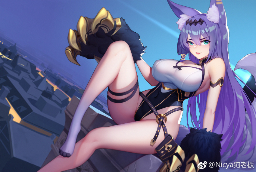 1girl animal_ear_fluff animal_ears armlet belt blurry breasts claws cleavage covered_navel depth_of_field dusk dutch_angle fang gloves green_eyes guohua hair_between_eyes hairband highres large_breasts leotard long_hair original outdoors paw_gloves paws purple_hair sitting solo tail thigh_strap tongue tongue_out weibo_username