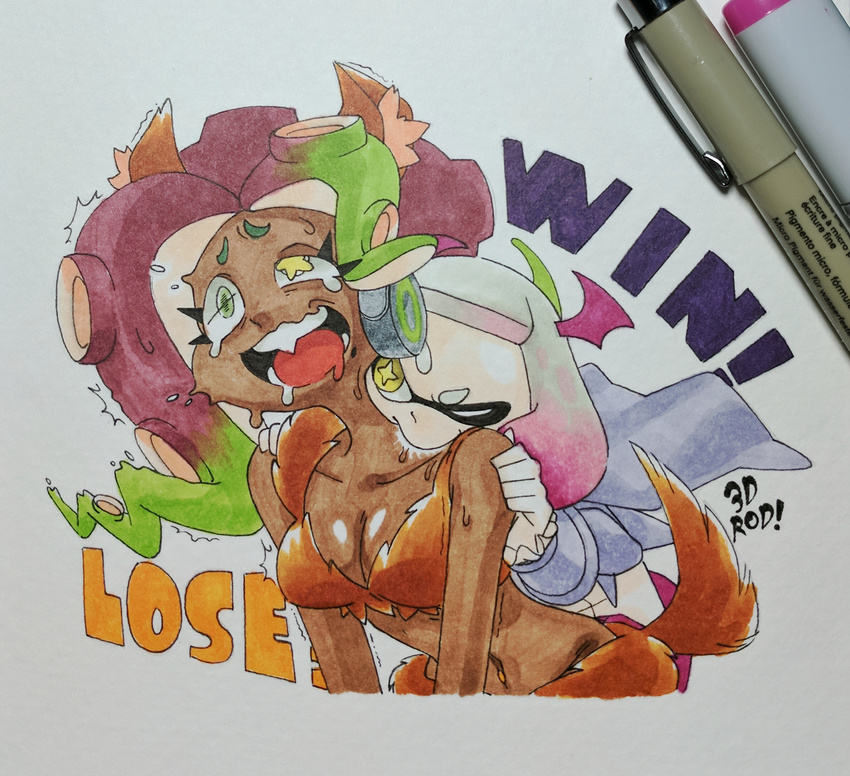 3d_rod! animal_costume animal_ears biting breasts cape cleavage commentary dark_skin drooling gradient_hair head_wings headphones headset highres hime_(splatoon) iida_(splatoon) inktober medium_breasts multicolored_hair multiple_girls neck_biting one_eye_closed pale_skin petite splatoon_(series) splatoon_2 sweat sweatdrop tail tears tentacle_hair traditional_media trembling vampire_costume white_cape wolf_costume wolf_ears wolf_tail