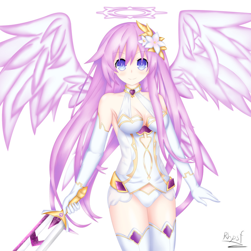 absurdres artist_name bare_shoulders blue_eyes breasts cleavage cosplay elbow_gloves flower four_goddesses_online:_cyber_dimension_neptune gloves hair_flower hair_ornament halo highres holding holding_sword holding_weapon jewelry long_hair looking_at_viewer medium_breasts nepgear neptune_(series) power_symbol purple_hair purple_heart purple_heart_(cosplay) purple_sister rhapsofree simple_background smile solo sword symbol-shaped_pupils thighhighs very_long_hair weapon white_background white_gloves white_legwear wings