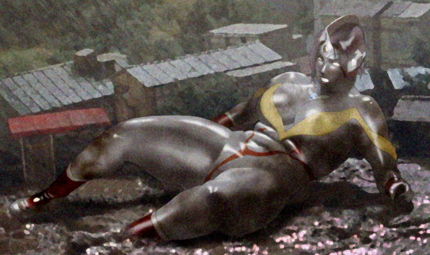 bikini_armor blank_eyes boots breasts brooch choker cleavage clenched_teeth curvy dirty earrings facial_mark film_grain giantess gluteal_fold grey_hair grey_skin headpiece highleg highres large_breasts lying mousou_tokusatsu_series_ultramadam mud muscle muscular_female nappii_(nappy_happy) nappy_happy parody photo_background shiny_skin short_hair solo thick_thighs thighs ultra_series ultramadam white_eyes