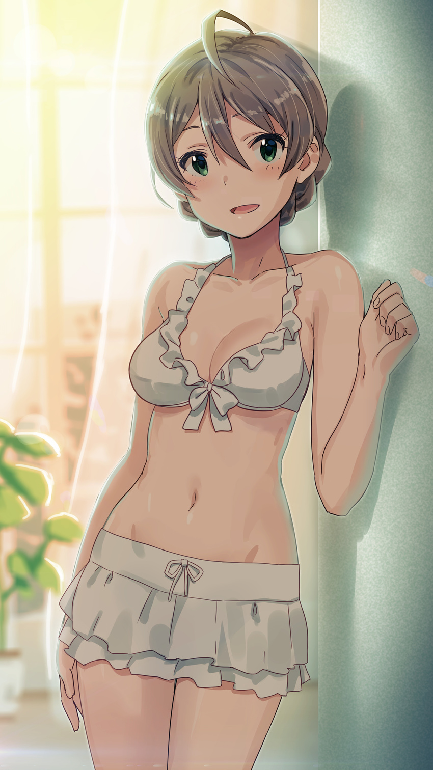 absurdres ahoge aumann bangs bare_shoulders bikini bikini_skirt blush braid breasts cleavage collarbone commentary_request curtains frilled_bikini_top frills green_eyes hand_up highres idolmaster idolmaster_million_live! indoors light_brown_hair looking_at_viewer medium_breasts miniskirt navel open_mouth sakuramori_kaori side_braid skirt smile solo sunlight swept_bangs swimsuit thighs white_bikini white_skirt window