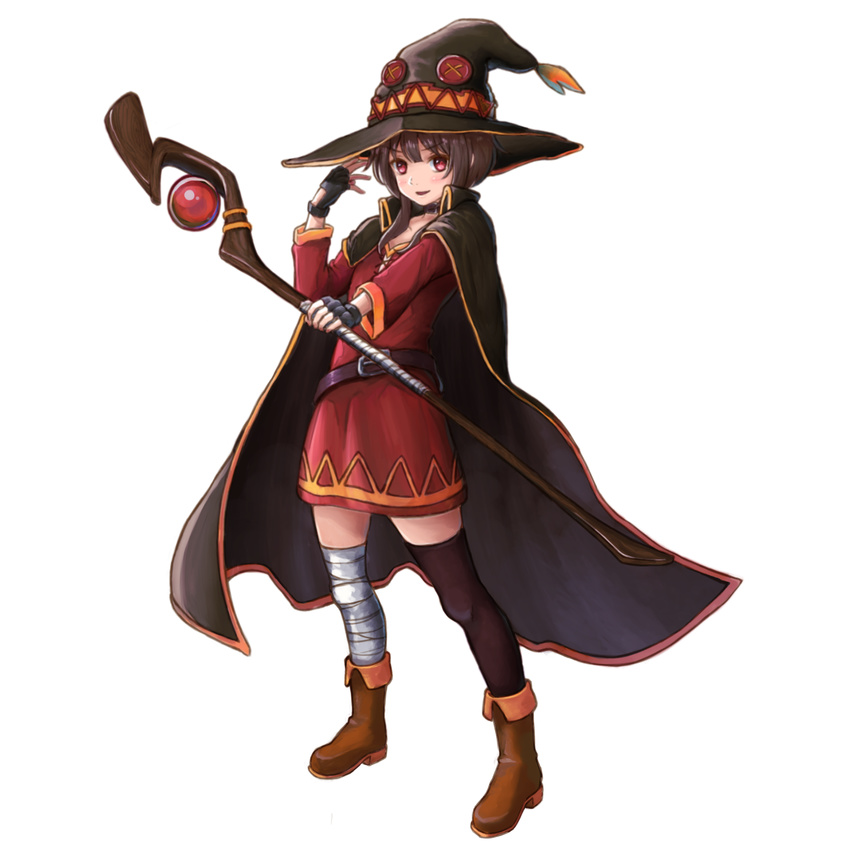 asymmetrical_legwear bandaged_leg bandages black_gloves black_hair black_legwear brown_hair cape collar dress fingerless_gloves full_body gloves hat highres kono_subarashii_sekai_ni_shukufuku_wo! looking_at_viewer megumin red_dress red_eyes short_dress short_hair short_hair_with_long_locks sidelocks simple_background single_thighhigh solo staff standing thighhighs toru white_background witch_hat