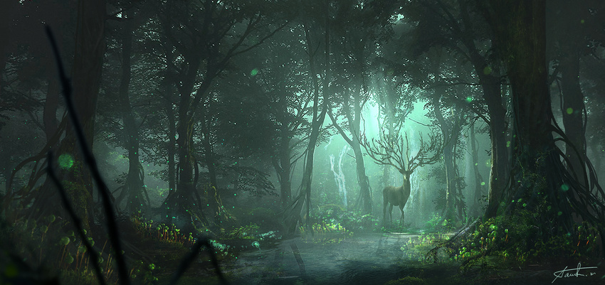 blurry deer depth_of_field forest green highres light light_particles looking_at_viewer masahiro_sawada md5_mismatch mononoke_hime nature no_humans reflection resized scenery shishigami_(mononoke_hime) signature stream tree upscaled water