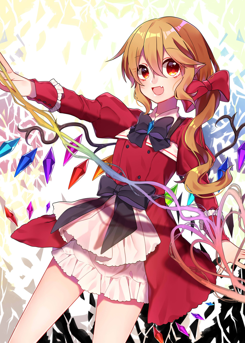 absurdres alternate_costume alternate_eye_color bangs black_ribbon blonde_hair blush bow brooch dress fang flandre_scarlet gradient_eyes hair_bow highres jewelry juliet_sleeves laevatein long_ponytail long_sleeves looking_at_viewer multicolored multicolored_eyes no_hat no_headwear open_mouth orange_eyes puffy_sleeves rainbow_background rainbow_order red_dress red_eyes renka_(sutegoma25) ribbon shiny shiny_hair short_dress short_hair side_ponytail sidelocks smile solo touhou white_background wings yellow_eyes