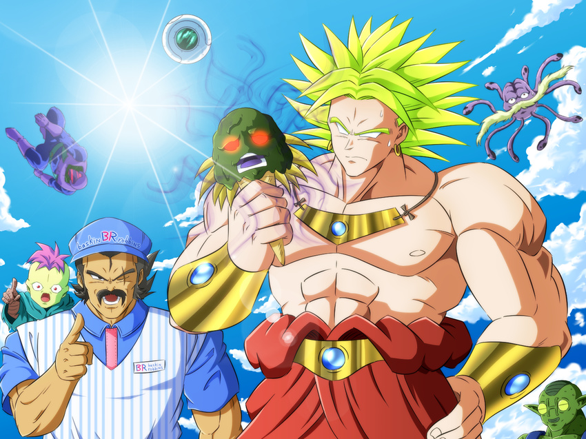 alien artist_request bio_broly broly dragon_ball dragonball_z father_and_son highres legendary_super_saiyan multiple_boys muscle paragus sky smile super_saiyan what