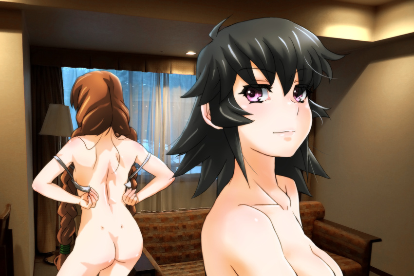 ass ayamine_kei black_hair bra braid brown_hair collarbone couch curtains from_behind genya_(genya67) highres indoors lamp looking_back multiple_girls muvluv nude photo_background purple_eyes sakaki_chizuru shoulder_blades twin_braids underwear undressing