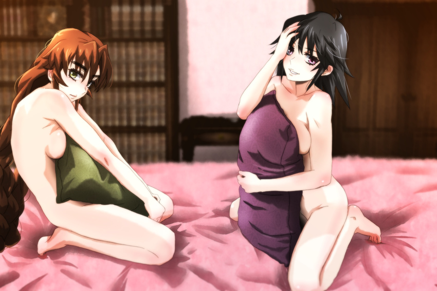 adjusting_hair ayamine_kei bed black_hair book braid breasts covering cushion door genya_(genya67) highres kneeling long_hair looking_at_viewer looking_to_the_side medium_breasts multiple_girls muvluv nude purple_eyes sakaki_chizuru short_hair smile thick_eyebrows twin_braids yellow_eyes