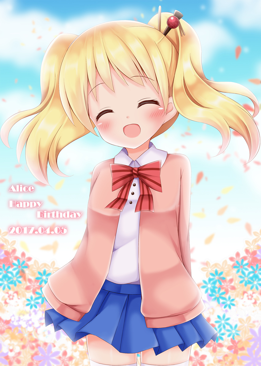 :d ^_^ alice_cartelet arms_behind_back bangs blonde_hair blue_skirt blue_sky blush bow bowtie cardigan character_name closed_eyes cloud collared_shirt commentary_request cowboy_shot day eyebrows_visible_through_hair facing_viewer flower hair_ornament happy_birthday head_tilt highres kin-iro_mosaic long_hair long_sleeves minato_(ojitan_gozaru) open_mouth petals pink_cardigan pleated_skirt red_neckwear school_uniform shirt skirt sky smile solo standing striped striped_neckwear thighhighs twintails white_legwear white_shirt