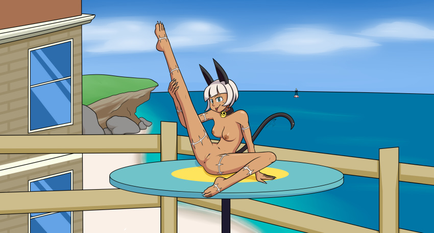anus beach bell blue_eyes breasts cat_ears_(disambiguation) cat_tail claws collar female fenix31_(artist) hair looking_at_viewer mammal nadia_fortune nude pussy scar sea seaside skullgirls spread_legs spreading tongue tongue_out video_games water white_hair
