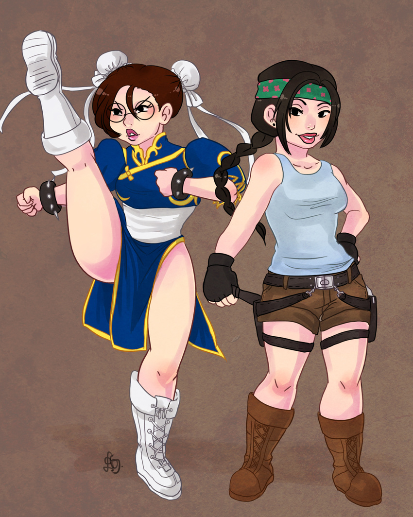 2girls american_dad! boots breasts brown_hair chun-li gloves hayley_smith leg_up multiple_girls spikes