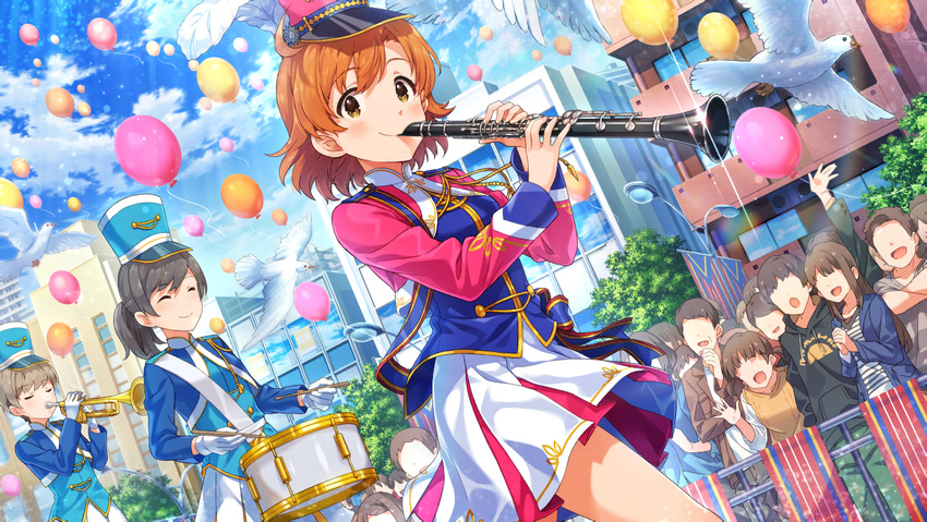 artist_request balloon band_uniform bangs bird blue_sky blush brown_eyes building clarinet closed_eyes closed_mouth crowd day dove drum drumming drumsticks dutch_angle faceless faceless_female faceless_male hat holding idolmaster idolmaster_million_live! idolmaster_million_live!_theater_days instrument long_sleeves looking_at_viewer marching_band multiple_girls music official_art open_mouth orange_hair outdoors parade playing_instrument shako_cap short_hair skirt sky smile snare_drum trumpet uniform yabuki_kana