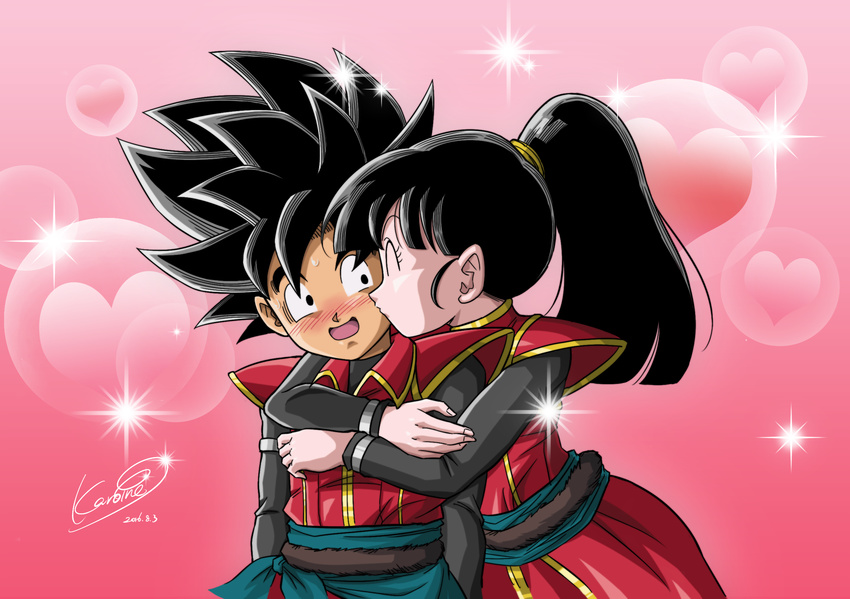 1girl beat_(dragon_ball) black_eyes black_hair blush dragon_ball dragon_ball_heroes highres hug karoine kiss note_(dragon_ball) open_mouth ponytail saiyan tail