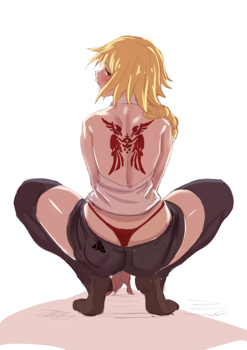 absurdres ass back back_tattoo backless_outfit bare_shoulders black_legwear blonde_hair braid brown_footwear command_spell commentary_request condom_wrapper fate/apocrypha fate_(series) full_body g-string hair_over_shoulder halterneck highres jeanne_d'arc_(fate) jeanne_d'arc_(fate)_(all) loafers long_hair looking_back panties pocket profile red_panties shadow shiny shiny_skin shirt shoes short_shorts shorts shoulder_blades simple_background single_braid solo spread_legs squatting tattoo thighhighs thighs thong ulrich_(tagaragakuin) underwear whale_tail white_background white_shirt