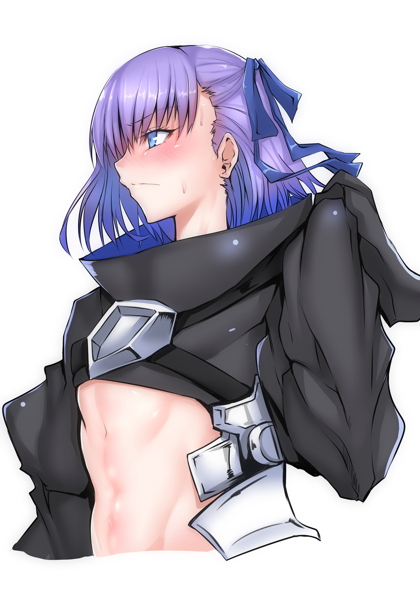 absurdres blue_eyes blue_ribbon blush closed_mouth commentary_request fate/extra fate/extra_ccc fate/grand_order fate_(series) gggg hair_ribbon highres long_hair long_sleeves meltlilith navel profile purple_hair ribbon solo stomach sweat upper_body wide_sleeves