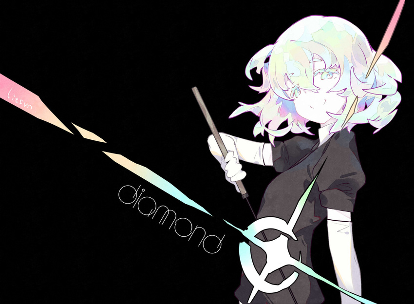 androgynous artist_name black_background character_name diamond_(houseki_no_kuni) elbow_gloves eyebrows_visible_through_hair gem_uniform_(houseki_no_kuni) gleam gloves highres holding holding_sword holding_weapon houseki_no_kuni litsvn looking_at_viewer multicolored_hair necktie rainbow_hair short_hair short_sleeves simple_background smile solo sword upper_body weapon
