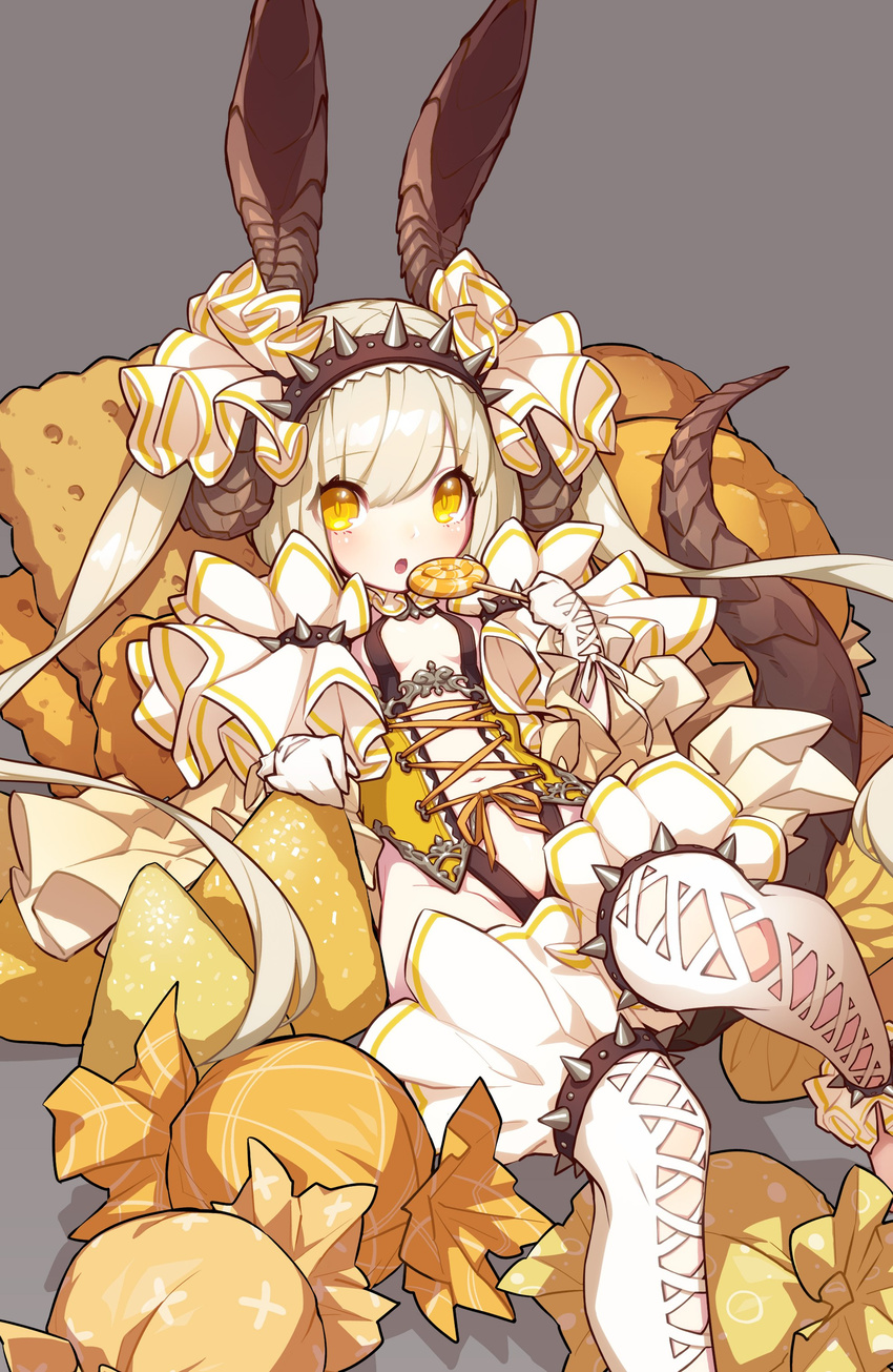 absurdres animal_ears bad_id bad_twitter_id bangs blonde_hair blush breasts bright_pupils candy cross-laced_clothes eyebrows_visible_through_hair feet_out_of_frame food frills fruit gloves grey_background hairband highres holding_lollipop horns in_food kaki_gohri lollipop long_hair looking_at_viewer lying minigirl on_back orange orange_eyes original parted_lips simple_background slit_pupils small_breasts solo spiked_hairband spiked_thighlet spikes tail thighhighs thighlet twintails underbust white_gloves white_legwear