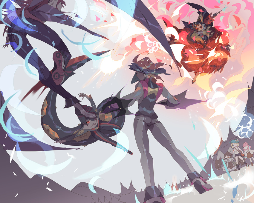 4girls ass bad_id bad_pixiv_id battle blue_eyes delphox diggersby gen_3_pokemon gen_6_pokemon glasses green_hat hair_over_eyes hat headpiece highres lemming_no_suana malamar midair multiple_boys multiple_girls personification pokemon red_eyes seviper standing sylveon