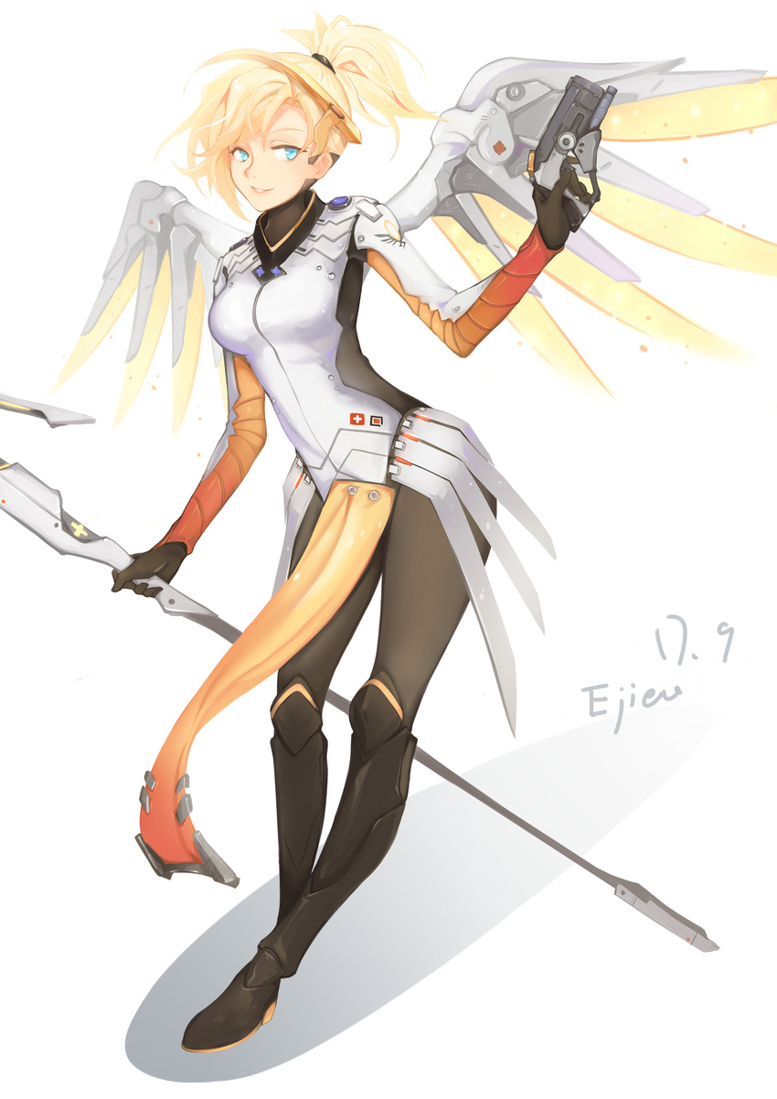 absurdres angel_wings artist_name blonde_hair blue_eyes blush breasts dated ejieaa eyebrows full_body gun highres holding holding_gun holding_weapon large_breasts looking_at_viewer mercy_(overwatch) overwatch parted_lips short_hair short_ponytail smile solo weapon wings