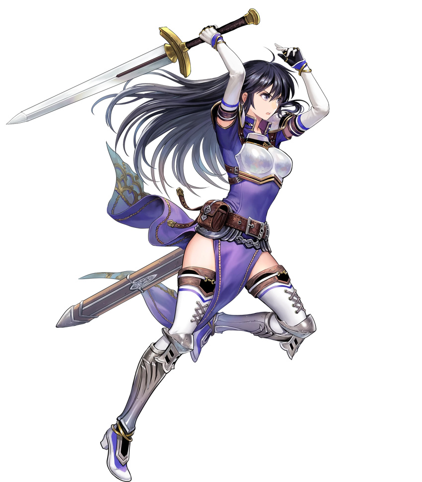 aira_(fire_emblem) armor armored_boots arms_up bangs belt belt_pouch black_hair boots breastplate dress earrings elbow_gloves fire_emblem fire_emblem:_seisen_no_keifu fire_emblem_heroes full_body gloves highres holding holding_sword holding_weapon jewelry leg_up long_hair looking_away mayachise official_art open_mouth pauldrons pelvic_curtain pouch purple_eyes sheath short_sleeves solo sword thighhighs transparent_background weapon