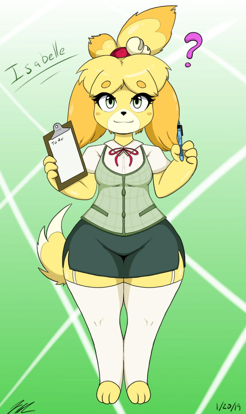 ? animal_crossing bell blouse bow breasts canine clipboard clothing dog female green_eyes hair isabelle_(animal_crossing) jeffthehusky leggings legwear looking_at_viewer mammal nintendo pen ribbons secretary short_hair skirt small_breasts solo standing thick_thighs vest video_games wide_hips