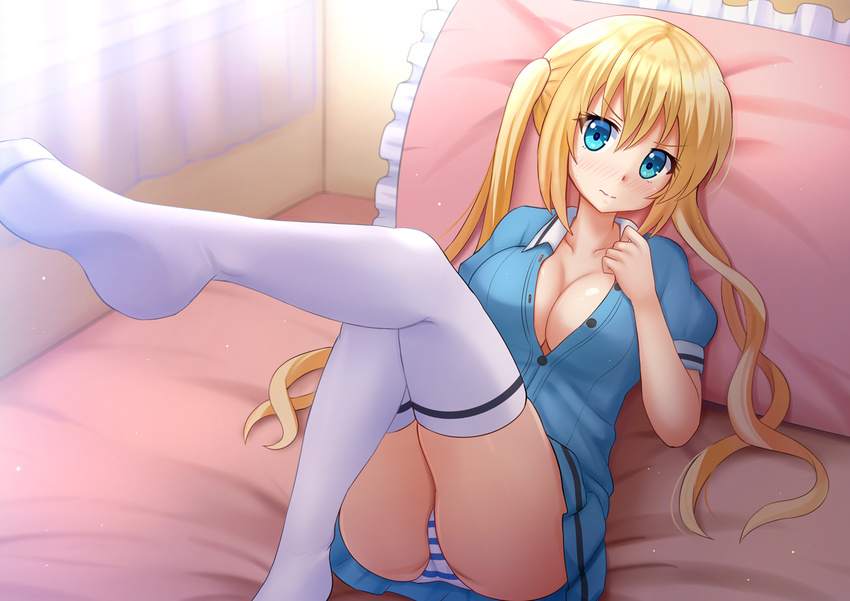 blend_s blonde_hair blue_eyes blush breasts cleavage highres hinata_kaho kazenokaze large_breasts leg_up long_hair looking_at_viewer lying no_bra no_shoes on_back open_clothes open_shirt panties pillow shirt skirt solo stile_uniform striped striped_panties thighhighs twintails underwear waitress wavy_mouth