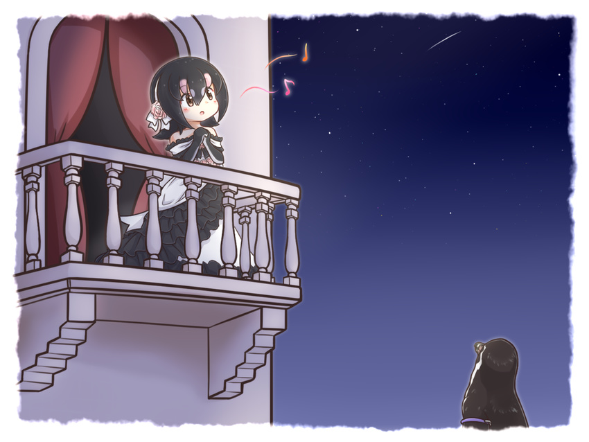 balcony bare_shoulders bird black_hair blue_sky blush brown_eyes commentary_request curtains dress eighth_note elbow_gloves flower flower_ornament frilled_dress frills gloves grape-kun hair_flower hair_ornament hairband humboldt_penguin humboldt_penguin_(kemono_friends) kemono_friends long_dress looking_up mofu_mofu music musical_note night night_sky outdoors parted_lips penguin quarter_note romeo_and_juliet shooting_star singing sky spoken_musical_note star_(sky) starry_sky