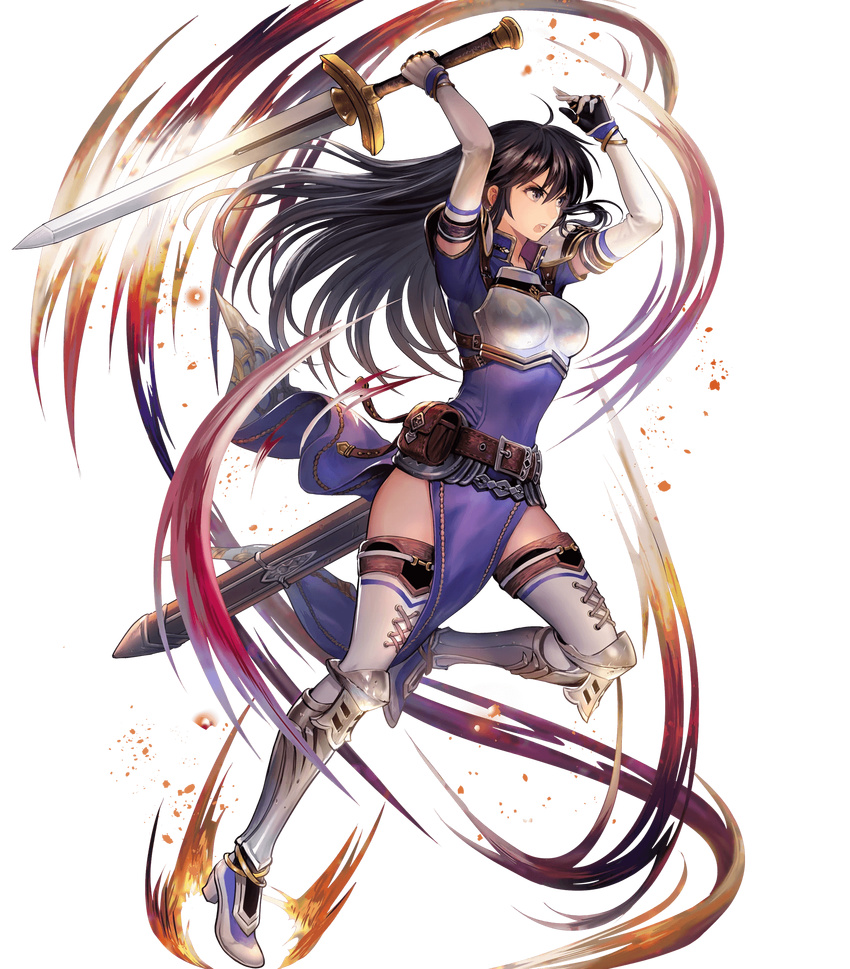 aira_(fire_emblem) armor armored_boots arms_up bangs belt belt_pouch black_hair boots breastplate dress earrings elbow_gloves fire_emblem fire_emblem:_seisen_no_keifu fire_emblem_heroes full_body gloves highres holding holding_sword holding_weapon jewelry leg_up long_hair looking_away mayachise official_art open_mouth pauldrons pelvic_curtain pouch purple_eyes sheath short_sleeves solo sword thighhighs transparent_background weapon