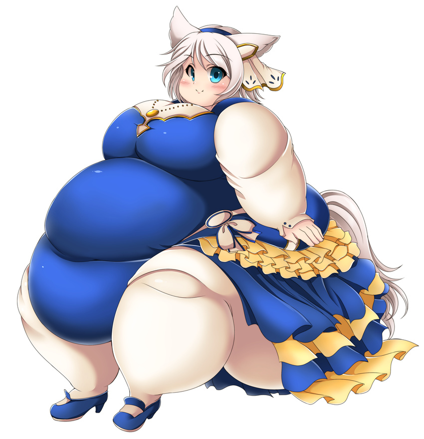 1girl absurdres animal_ears ass bad_proportions blonde_hair blue_dress blue_eyes blush breasts eyebrows_visible_through_hair fat_folds female frilled_skirt frills hair_between_eyes hair_ornament headband huge_belly kurokaze_no_sora large_breasts long_sleeves looking_at_viewer morbidly_obese necklace obese original pantyhose short_hair simple_background sitting skirt sleeves_past_wrist smile solo thick_thighs wolf_ears wolf_tail