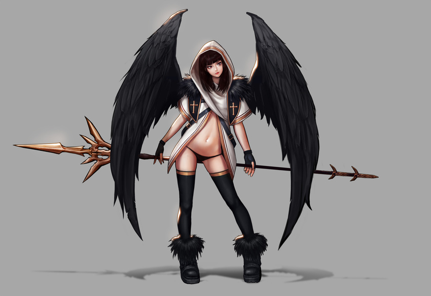 angel bangs black_footwear black_gloves black_hair black_legwear black_panties black_wings blunt_bangs boots brown_eyes closed_mouth commentary contrapposto cross feathered_wings fingerless_gloves full_body fur-trimmed_boots fur_trim gloves grey_background highres holding holding_weapon hood hood_up hooded_robe jungon_kim lipstick long_hair looking_at_viewer makeup navel panties photoshop_(medium) polearm red_lipstick robe short_sleeves solo spear standing thighhighs underwear weapon wings