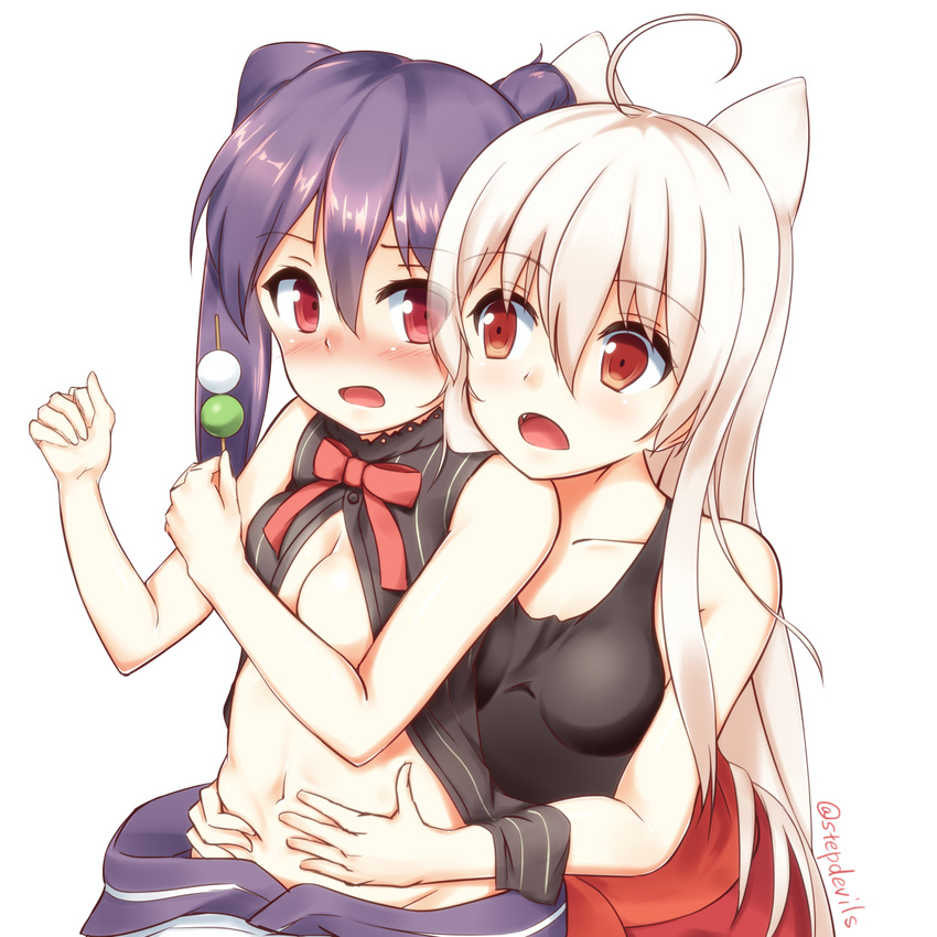 ahoge animal_ears artist_name bangs bare_arms belly_grab black_shirt black_sweater blush bow breasts cat_ears chiya_(urara_meirochou) clothes_down collarbone commentary_request dango devil_(stepdevils) eye_contact eyebrows_visible_through_hair fang food groin hair_between_eyes holding holding_food japanese_clothes kimono kimono_pull long_hair looking_at_another medium_breasts multiple_girls navel nose_blush open_clothes open_mouth purple_hair red_bow red_eyes red_skirt sanshoku_dango shirt simple_background skirt sleeveless sleeveless_shirt stomach sweater tareme twintails twitter_username urara_meirochou very_long_hair wagashi white_background white_hair white_kimono yukimi_koume yuri