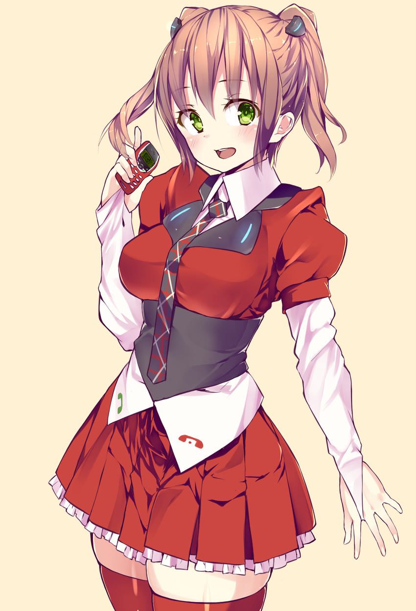 black_neckwear blush bonkiru brown_hair cellphone eyebrows_visible_through_hair green_eyes highres holding holding_cellphone holding_phone looking_at_viewer open_mouth original personification phone red_legwear red_skirt short_twintails skirt smile solo thighhighs twintails