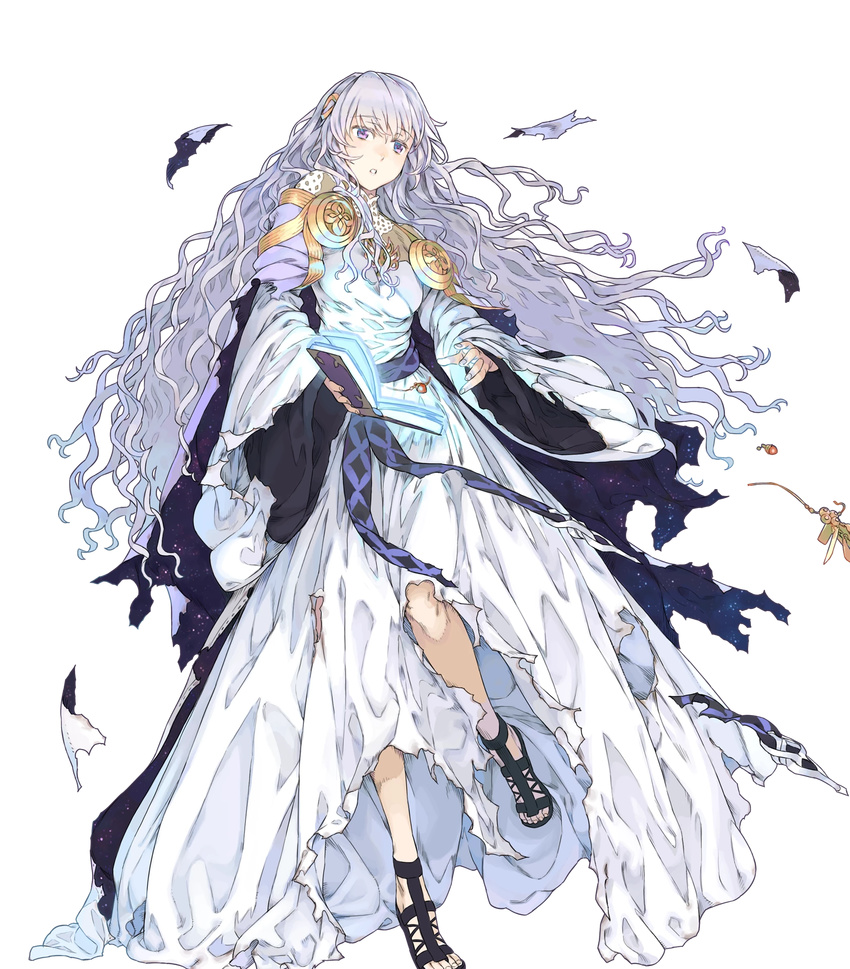 bangs book breasts cape diadora_(fire_emblem) dress eyebrows_visible_through_hair fire_emblem fire_emblem:_seisen_no_keifu fire_emblem_heroes full_body haimura_kiyotaka hair_ornament highres holding holding_book lavender_hair leg_up long_hair long_sleeves looking_away magic medium_breasts official_art purple_eyes sandals solo torn_clothes torn_dress transparent_background turtleneck very_long_hair