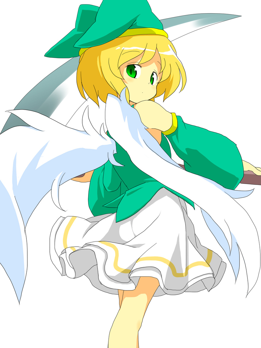 androgynous angel_wings arched_back ass bangs bare_legs bare_shoulders blonde_hair bob_cut closed_mouth cowboy_shot crossdressing detached_sleeves elona eyebrows eyebrows_visible_through_hair feathered_wings feathers from_behind god green_eyes green_hat green_shirt hat highres holding holding_scythe holding_weapon jester_cap kumiromi_of_harvest long_sleeves looking_at_viewer looking_back male_focus miniskirt mutsu_(hasepix) scythe shiny shiny_hair shirt short_hair simple_background single_vertical_stripe skirt sleeveless sleeveless_shirt solo standing tareme weapon white_background white_skirt white_wings wings