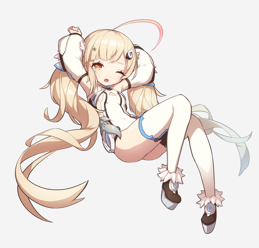 ahoge arms_up ass azur_lane bad_id bad_twitter_id black_footwear blonde_hair blush boots breasts brown_eyes clenched_hand commentary_request covered_navel detached_sleeves eldridge_(azur_lane) eyebrows_visible_through_hair facial_mark full_body fur-trimmed_boots fur_trim grey_background hair_ornament highres huge_ahoge kaki_gohri leotard long_hair long_sleeves looking_at_viewer one_eye_closed parted_lips sidelocks simple_background small_breasts solo thighhighs twintails very_long_hair white_legwear white_leotard white_sleeves wide_sleeves
