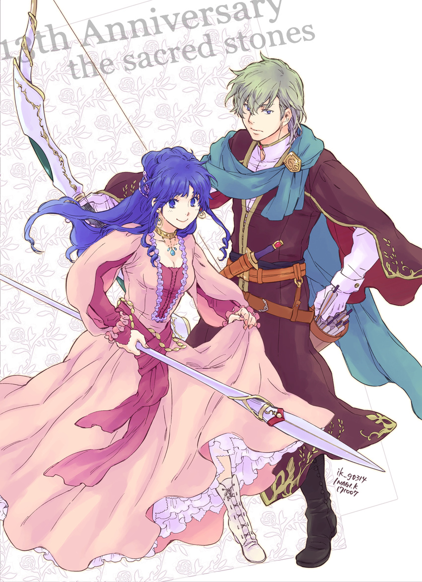 1girl alternate_costume anniversary arrow artist_name bad_id bad_pixiv_id belt blue_eyes blue_hair boots bow bow_(weapon) breasts brother_and_sister capelet cleavage copyright_name corset cross-laced_footwear dagger dress earrings fire_emblem fire_emblem:_seima_no_kouseki full_body gloves green_hair highres inagi innes jewelry lance long_hair long_sleeves looking_at_viewer medium_breasts necklace nib_pen_(medium) pink_dress polearm ponytail quiver robe sash scabbard scarf sheath siblings skirt_hold smile tana traditional_media weapon white_gloves