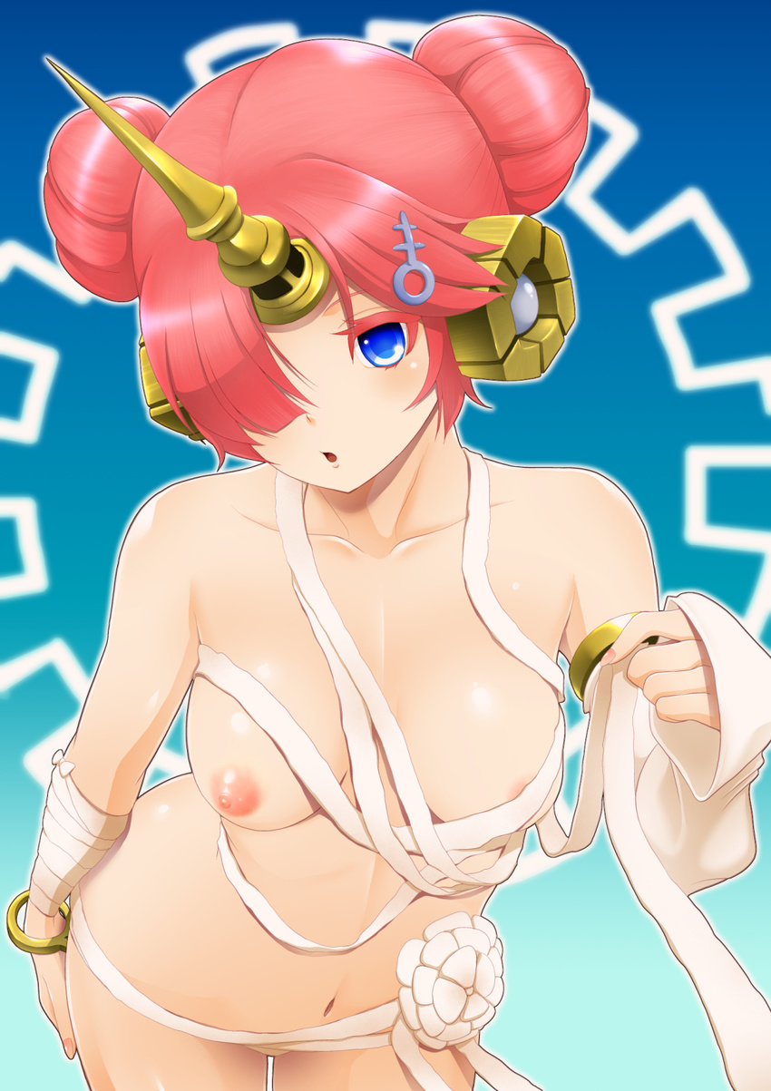 :o bandages blue_eyes blush bracelet breasts breasts_outside detached_sleeves double_bun fate/grand_order fate_(series) frankenstein's_monster_(fate) frankenstein's_monster_(swimsuit_saber)_(fate) hair_ornament hair_over_one_eye hairclip highres horn jewelry looking_at_viewer navel nipples pink_hair short_hair small_breasts solo tomatto_(@ma!)