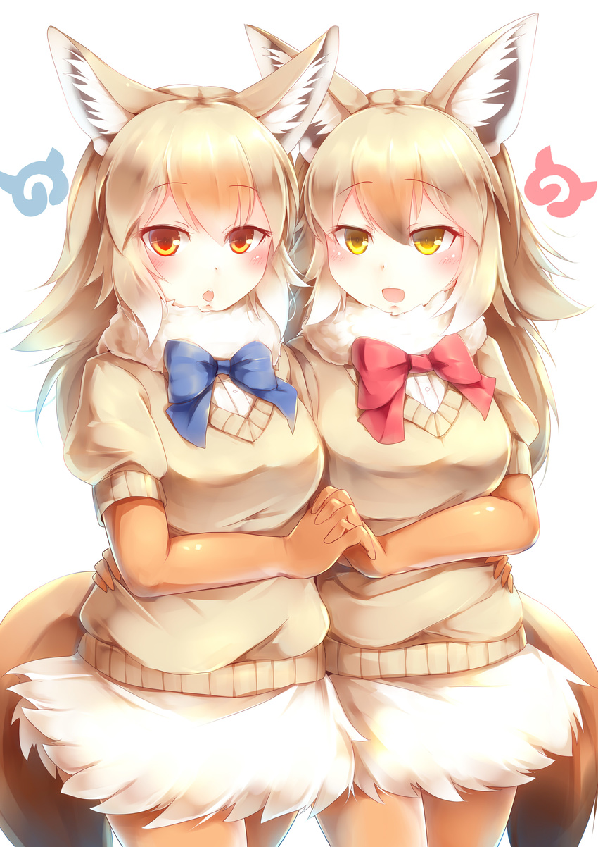 :d :o absurdres african_golden_wolf_(kemono_friends) animal_ears bangs blonde_hair blue_neckwear blue_ribbon blush commentary_request cowboy_shot eyebrows_visible_through_hair fur_collar golden_jackal_(kemono_friends) grey_shirt hair_between_eyes hands_together highres holding_hands interlocked_fingers jackal_ears jackal_tail japari_symbol kanzakietc kemono_friends long_hair looking_at_viewer multiple_girls neck_ribbon open_mouth orange_legwear pantyhose puffy_short_sleeves puffy_sleeves red_eyes red_ribbon ribbon shirt short_sleeves simple_background skirt smile standing tail white_background white_shirt wolf_ears wolf_tail yellow_eyes