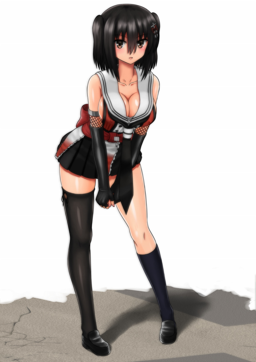 asymmetrical_legwear bangs bare_shoulders black_footwear black_gloves black_hair black_skirt blush breasts brown_eyes cleavage collarbone elbow_gloves gloves hair_between_eyes hair_ornament hairpin highres kantai_collection kinnan kneehighs large_breasts leaning_forward legs_apart loafers looking_at_viewer miniskirt open_mouth own_hands_together pleated_skirt sailor_collar sash sendai_(kantai_collection) shoes simple_background single_kneehigh single_thighhigh skirt sleeveless smile solo thighhighs two_side_up v_arms white_background
