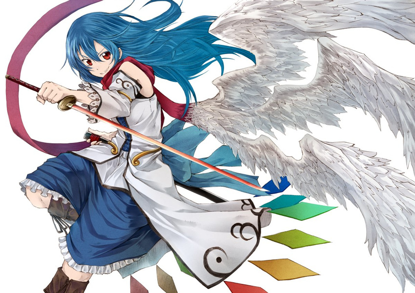 adapted_costume blue_hair boots detached_sleeves feathered_wings grin headwear_removed hinanawi_tenshi judo_fuu katana long_hair looking_at_viewer multiple_wings red_eyes scarf skirt smile solo sword touhou weapon white_background white_wings wings